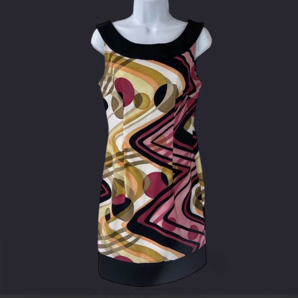 Connected Apparel Black, Pink, and Gold Geometric Midi Dress